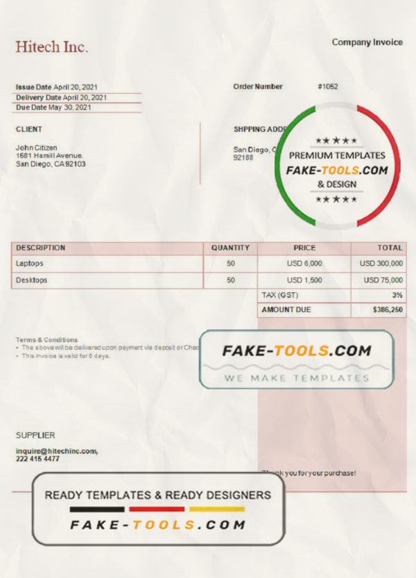 USA Hitech Inc. invoice template in Word and PDF format, fully editable scan effect