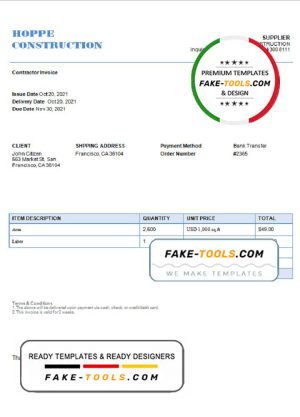 USA Hope Construction invoice template in Word and PDF format, fully editable