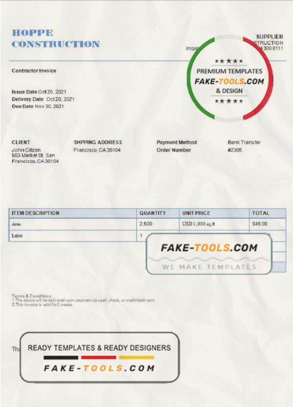 USA Hope Construction invoice template in Word and PDF format, fully editable scan effect