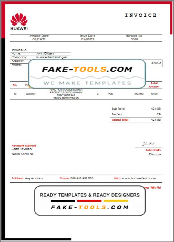 USA Huawei invoice template in Word and PDF format, fully editable