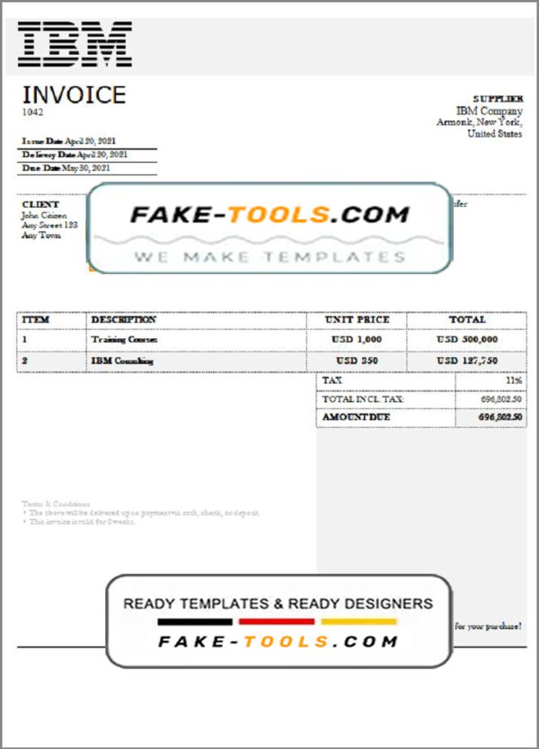USA IBM invoice template in Word and PDF format, fully editable