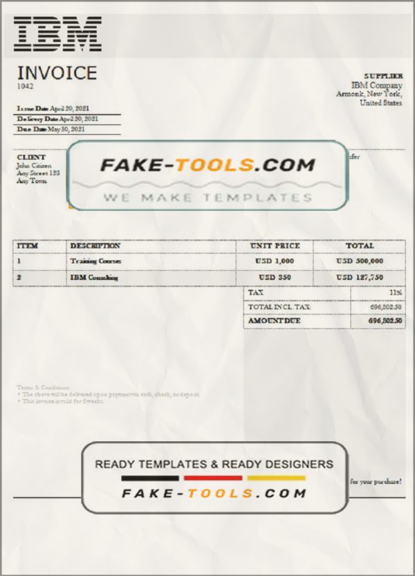 USA IBM invoice template in Word and PDF format, fully editable scan effect