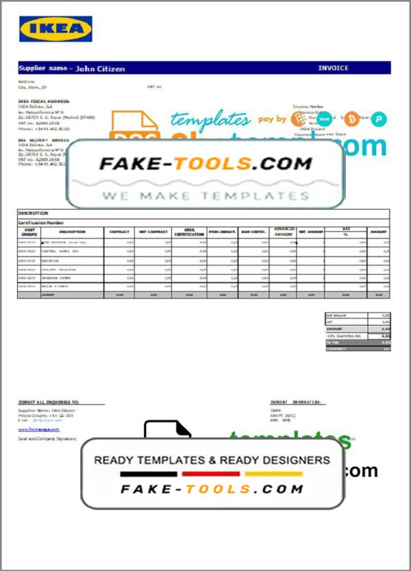 USA Ikea invoice template in Word and PDF format, fully editable