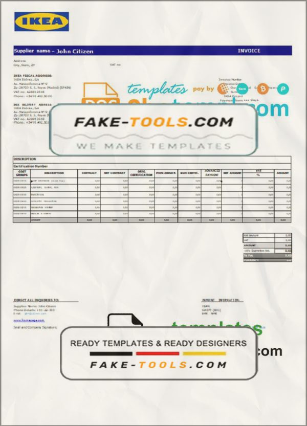 USA Ikea invoice template in Word and PDF format, fully editable scan effect