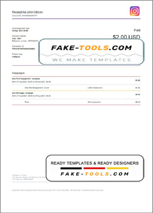 USA Instagram invoice template in Word and PDF format, fully editable