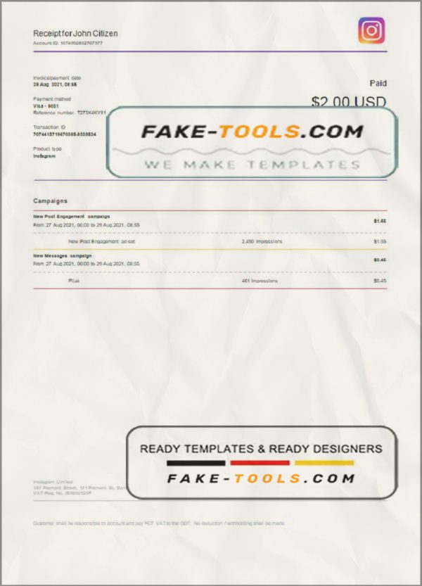 USA Instagram invoice template in Word and PDF format, fully editable scan effect