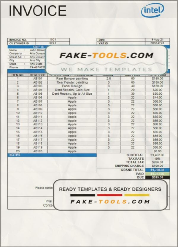 USA Intel invoice template in Word and PDF format, fully editable