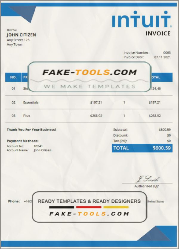 USA Intuit invoice template in Word and PDF format, fully editable scan effect