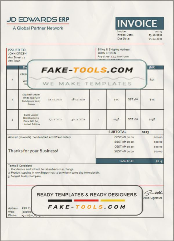USA JD invoice template in Word and PDF format, fully editable scan effect