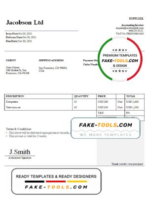 USA Jacobson Ltd invoice template in Word and PDF format, fully editable