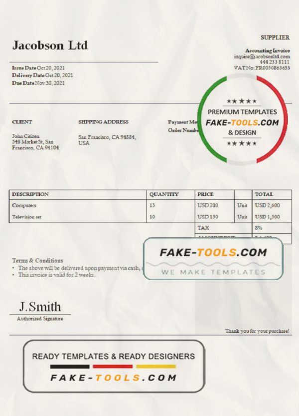 USA Jacobson Ltd invoice template in Word and PDF format, fully editable scan effect
