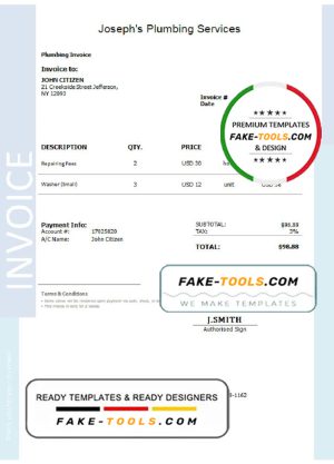 USA Joseph’s Plumbing Services invoice template in Word and PDF format, fully editable