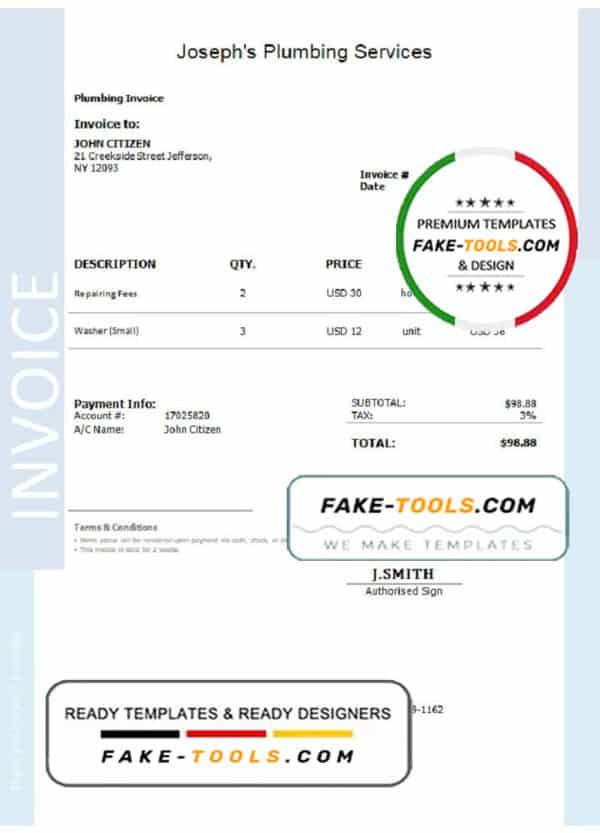 USA Joseph’s Plumbing Services invoice template in Word and PDF format, fully editable