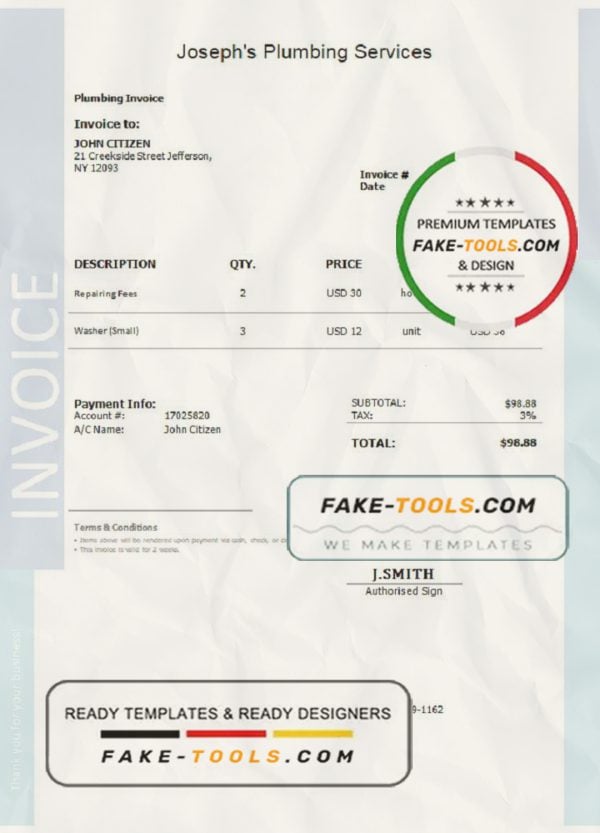 USA Joseph’s Plumbing Services invoice template in Word and PDF format, fully editable
