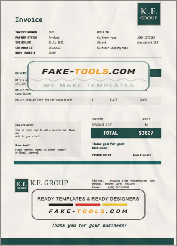 USA KE Group invoice template in Word and PDF format, fully editable scan effect