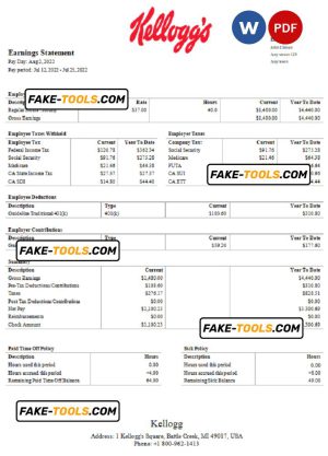 USA Kellog food processing company pay stub Word and PDF template