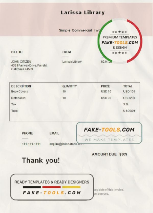USA Larissa Library invoice template in Word and PDF format, fully editable