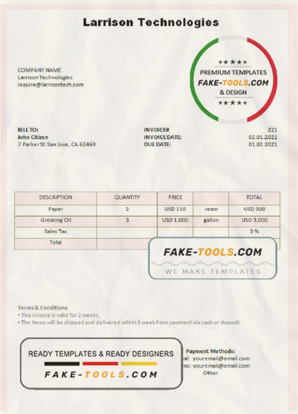 USA Larrison Technologies invoice template in Word and PDF format, fully editable scan effect