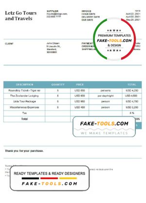USA Letz Go Tours and Travels invoice template in Word and PDF format, fully editable