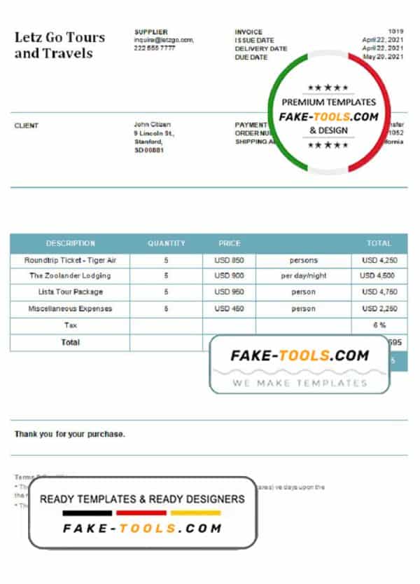 USA Letz Go Tours and Travels invoice template in Word and PDF format, fully editable