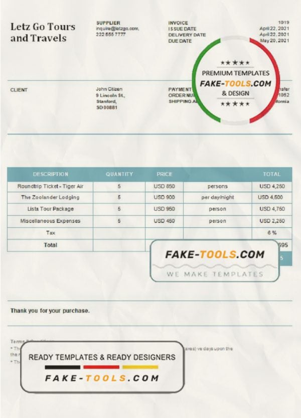 USA Letz Go Tours and Travels invoice template in Word and PDF format, fully editable