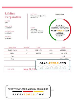 USA Lifeline Corporation invoice template in Word and PDF format, fully editable, version 2