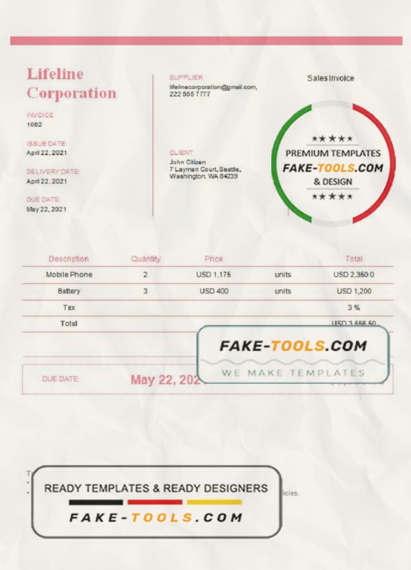 USA Lifeline Corporation invoice template in Word and PDF format, fully editable, version 2 scan effect