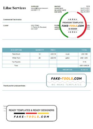 USA Lilac Services invoice template in Word and PDF format, fully editable