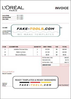 USA L’oreal Paris invoice template in Word and PDF format, fully editable