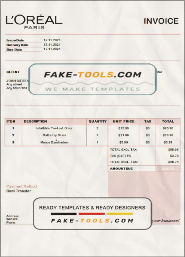 USA L’oreal Paris invoice template in Word and PDF format, fully editable scan effect