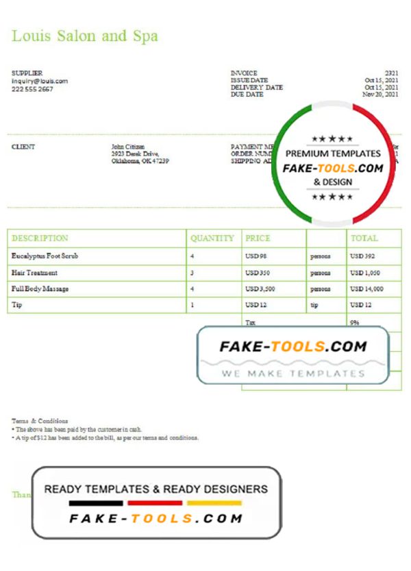 USA Louis Salon and Spa invoice template in Word and PDF format, fully editable