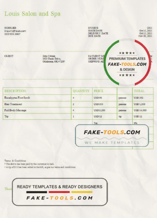 USA Louis Salon and Spa invoice template in Word and PDF format, fully editable scan effect
