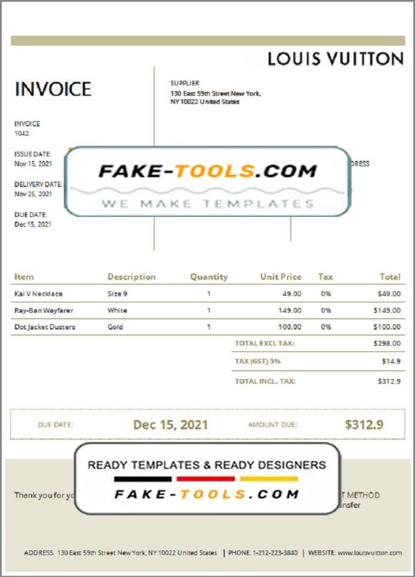 USA Louis Vuitton invoice template in Word and PDF format, fully editable