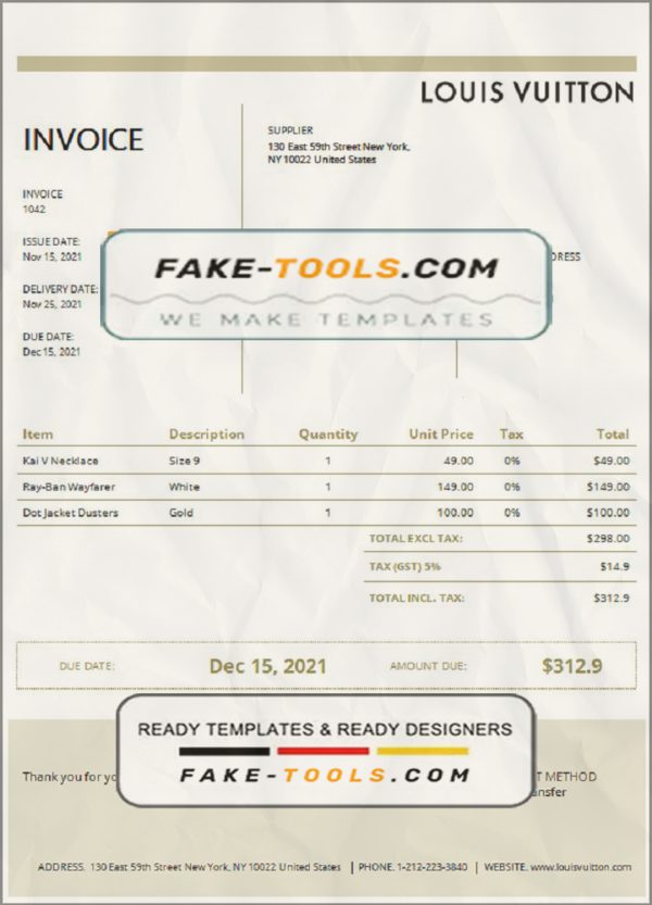 USA Louis Vuitton invoice template in Word and PDF format, fully editable scan effect
