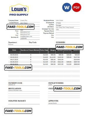 USA Lowe’s Pro Supply wholesale company pay stub Word and PDF template