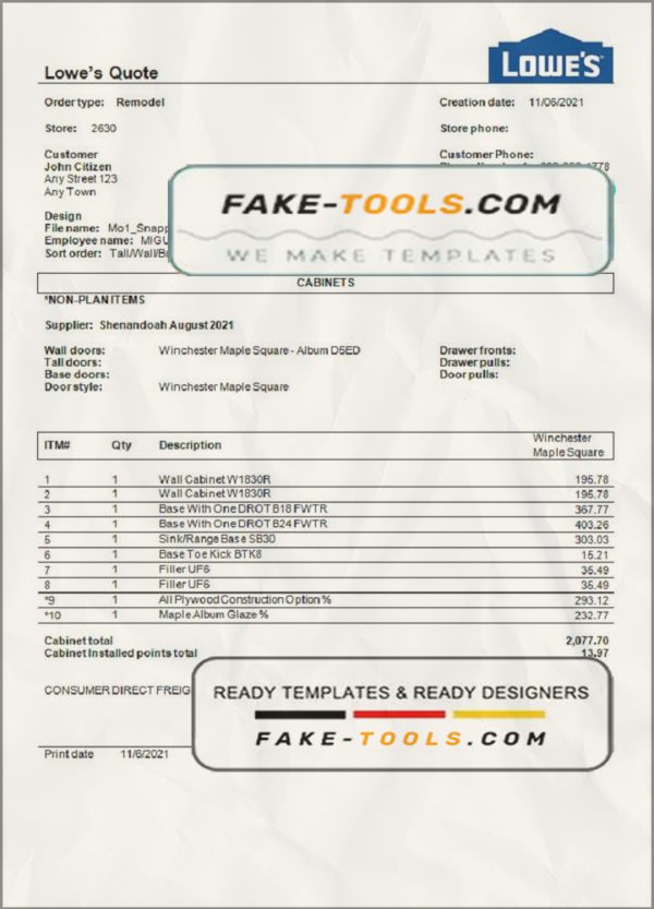 USA Lowe’s invoice template in Word and PDF format, fully editable scan effect