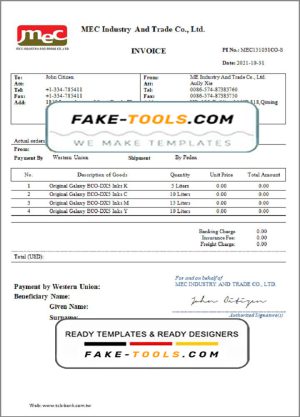 USA MEC Industry and Trade Co invoice template in Word and PDF format, fully editable