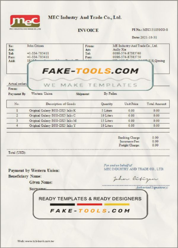 USA MEC Industry and Trade Co invoice template in Word and PDF format, fully editable scan effect