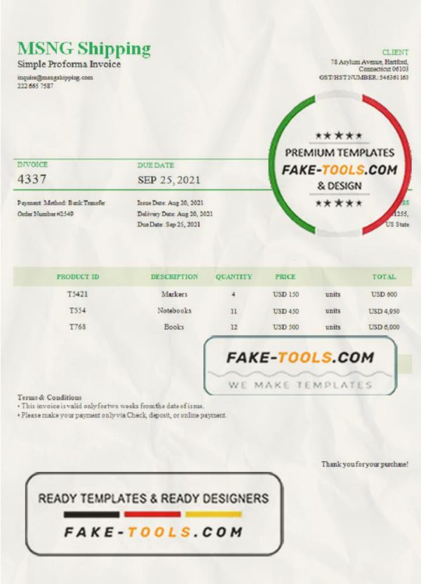 USA MSNG Shipping invoice template in Word and PDF format, fully editable scan effect