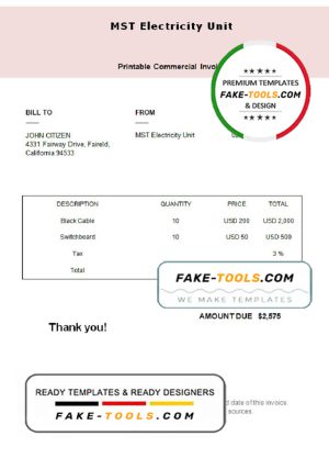 USA MST Electricity Unit invoice template in Word and PDF format, fully editable