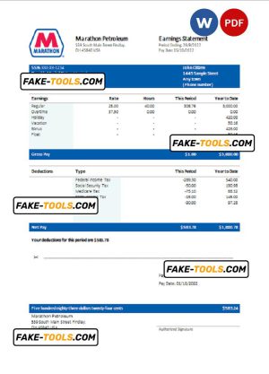 USA Marathon Petroleum company pay stub Word and PDF template