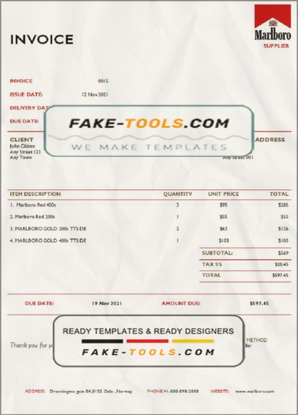 USA Marlboro invoice template in Word and PDF format, fully editable scan effect