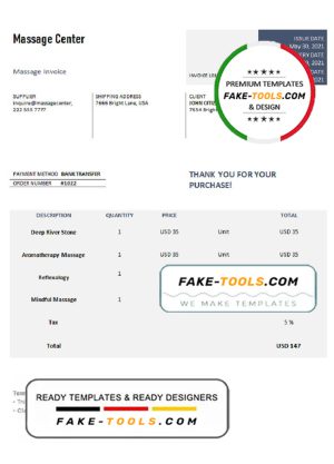 USA Massage Center invoice template in Word and PDF format, fully editable