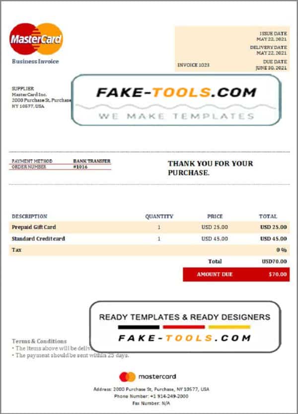USA MasterCard invoice template in Word and PDF format, fully editable
