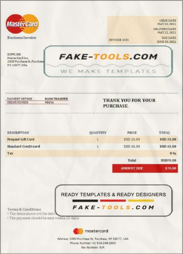 USA MasterCard invoice template in Word and PDF format, fully editable
