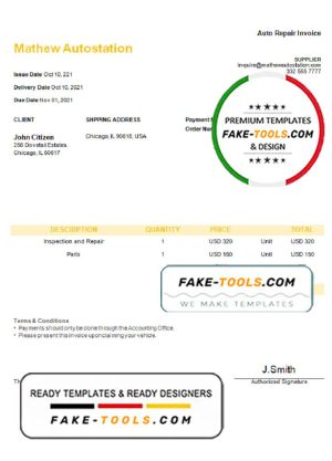 USA Mathew Autostation invoice template in Word and PDF format, fully editable