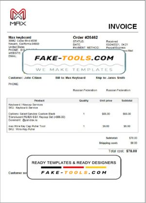 USA Max Keyboard Company invoice template in Word and PDF format, fully editable