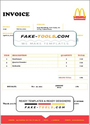 USA Mcdonald’s invoice template in Word and PDF format, fully editable
