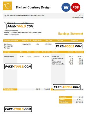 USA Michael Courtney Design graphic company pay stub Word and PDF template