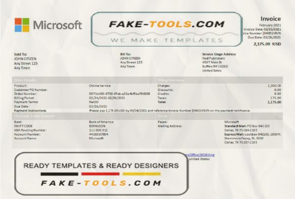 USA Microsoft invoice template in Word and PDF format, fully editable scan effect